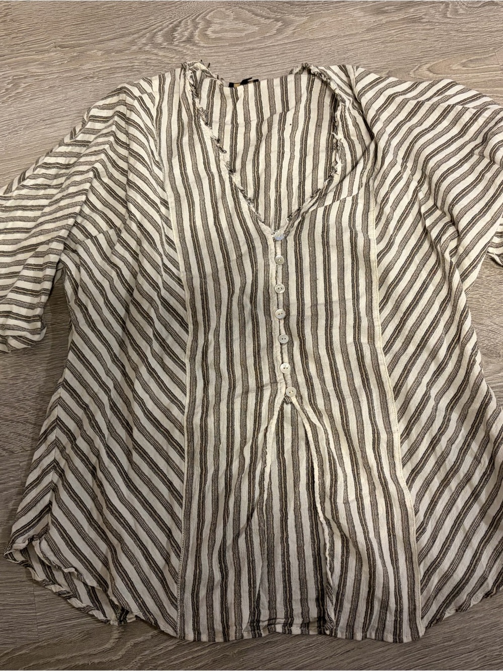 Massimo Dutti cotton Striped V-Neck Button Front Blouse - Taupe & White - Picture 2 of 4